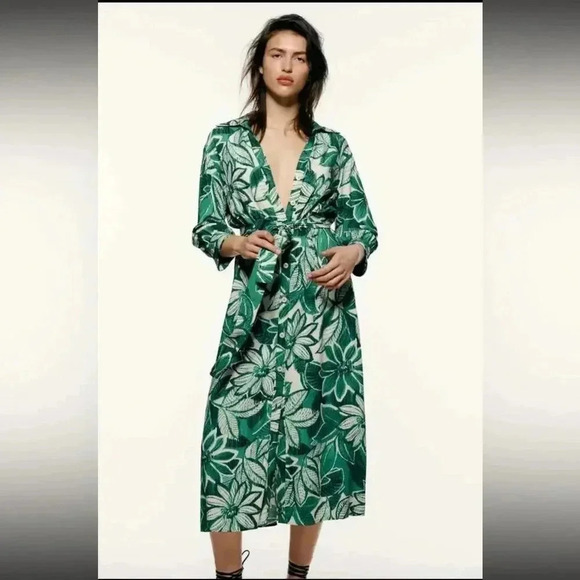 ZARA GREEN PRINTED SHIRT DRESS- XS - Picture 3 of 14